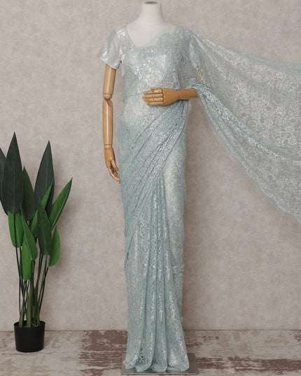 French Chantilly Lace Saree Piece - Ice Blue