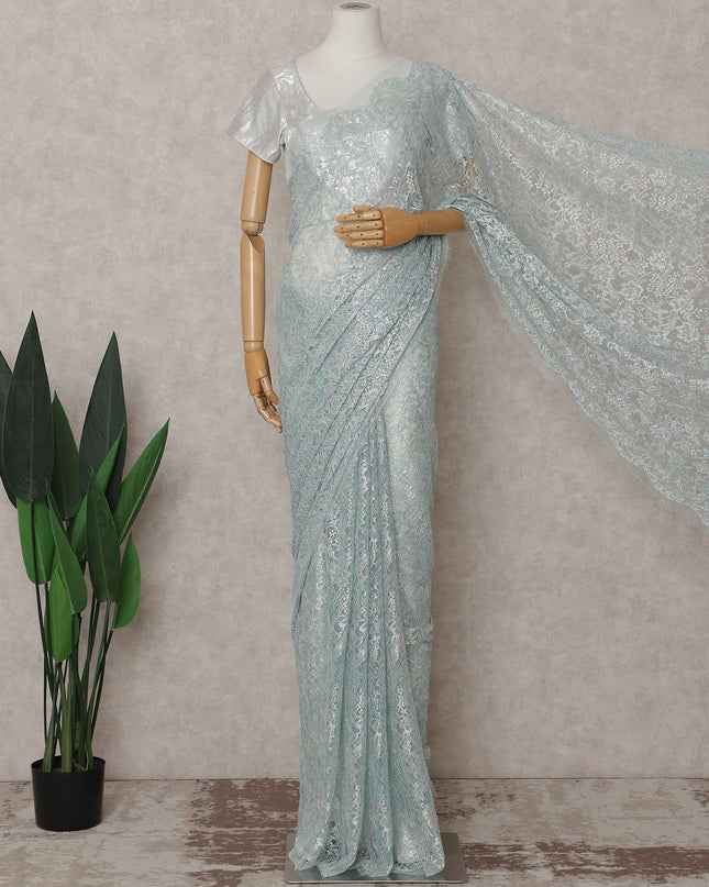 French Chantilly Lace Saree Piece - Ice Blue