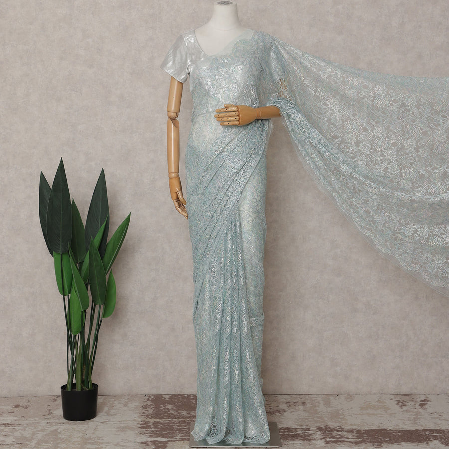 French Chantilly Lace Saree Piece - Ice Blue