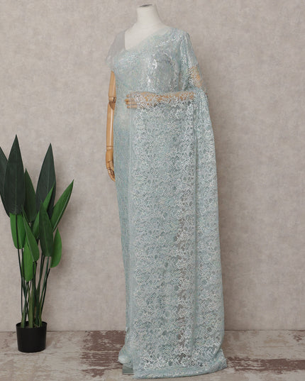 French Chantilly Lace Saree Piece - Ice Blue