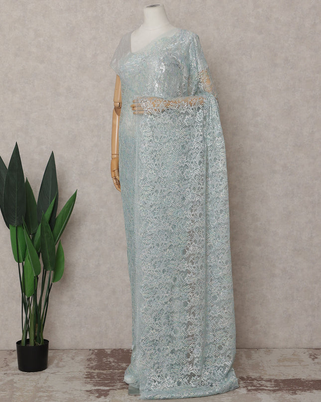 French Chantilly Lace Saree Piece - Ice Blue
