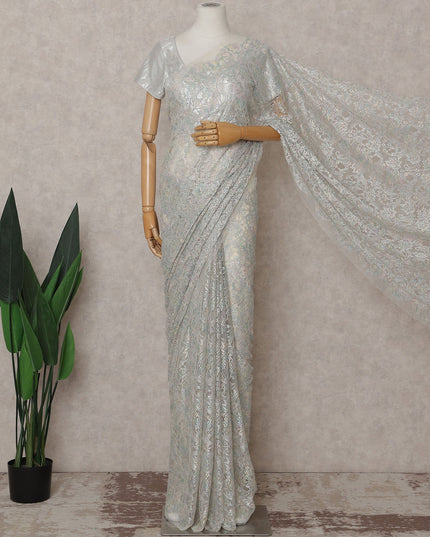 French Chantilly Lace Saree Piece - Pearl Silver