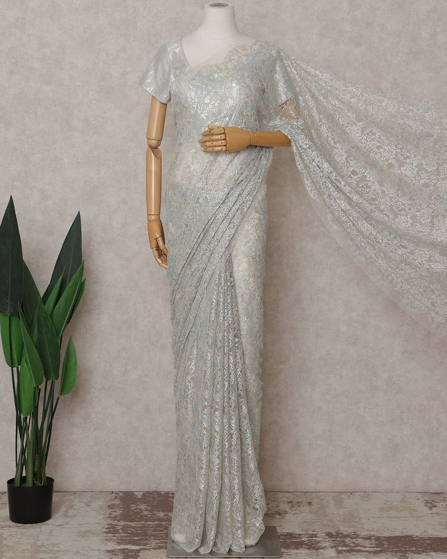 French Chantilly Lace Saree Piece - Pearl Silver
