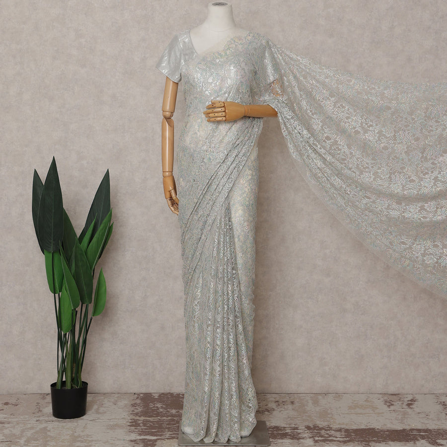 French Chantilly Lace Saree Piece - Pearl Silver