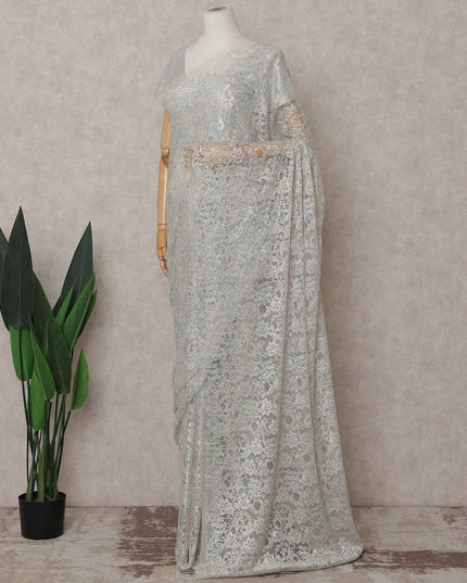 French Chantilly Lace Saree Piece - Pearl Silver