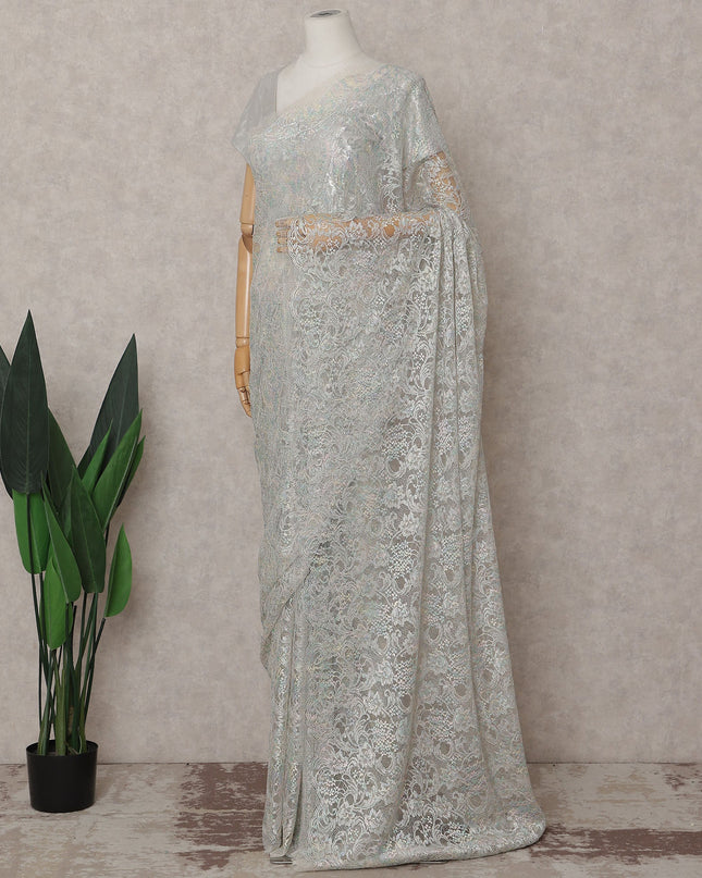 French Chantilly Lace Saree Piece - Pearl Silver