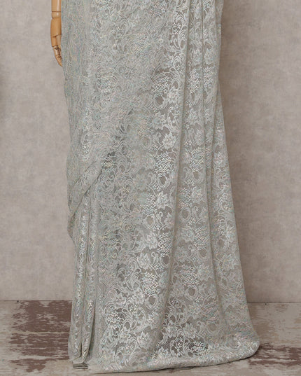 French Chantilly Lace Saree Piece - Pearl Silver