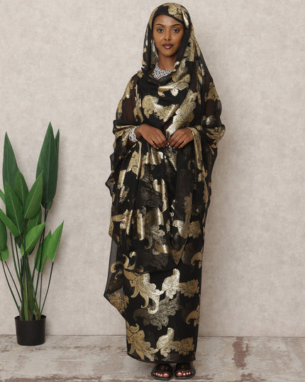 ثوب سوداني تقليدي فرنسي أسود، مصنوع من قماش شيفون حرير فرنسي خالص بطول 4.5 متر وقماش لوركس معدني، عرض 140 سم، صنع في فرنسا - D24484