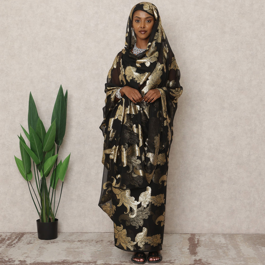 ثوب سوداني تقليدي فرنسي أسود، مصنوع من قماش شيفون حرير فرنسي خالص بطول 4.5 متر وقماش لوركس معدني، عرض 140 سم، صنع في فرنسا - D24484