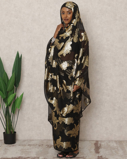 ثوب سوداني تقليدي فرنسي أسود، مصنوع من قماش شيفون حرير فرنسي خالص بطول 4.5 متر وقماش لوركس معدني، عرض 140 سم، صنع في فرنسا - D24484