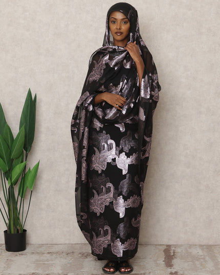 ثوب سوداني تقليدي أسود من فرانساوي، مصنوع من قماش شيفون حرير فرنسي خالص بطول 4.5 متر وقماش لوركس معدني، عرض 140 سم، صنع في فرنسا - D24483