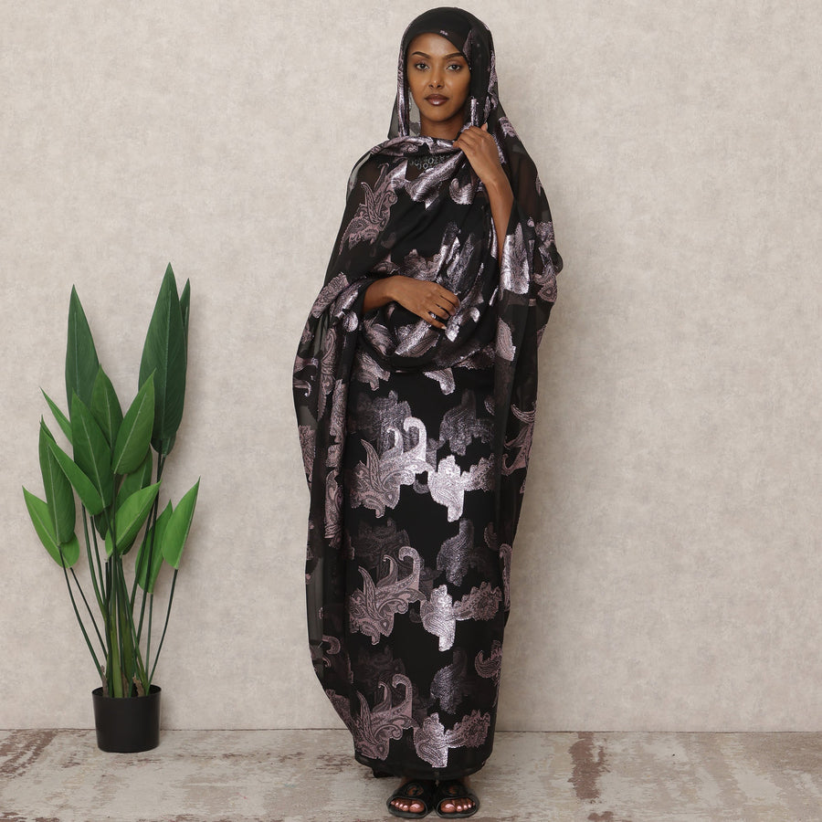 ثوب سوداني تقليدي أسود من فرانساوي، مصنوع من قماش شيفون حرير فرنسي خالص بطول 4.5 متر وقماش لوركس معدني، عرض 140 سم، صنع في فرنسا - D24483