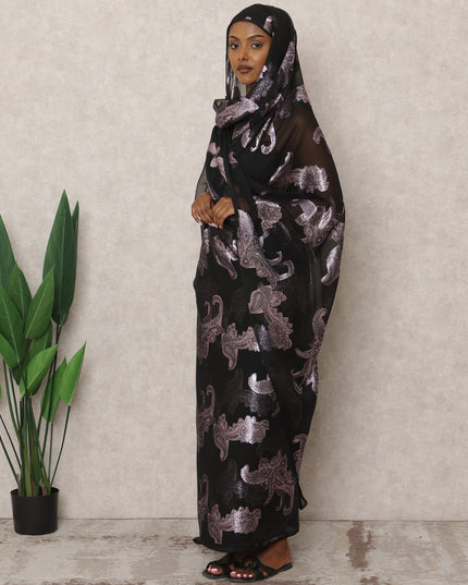 ثوب سوداني تقليدي أسود من فرانساوي، مصنوع من قماش شيفون حرير فرنسي خالص بطول 4.5 متر وقماش لوركس معدني، عرض 140 سم، صنع في فرنسا - D24483