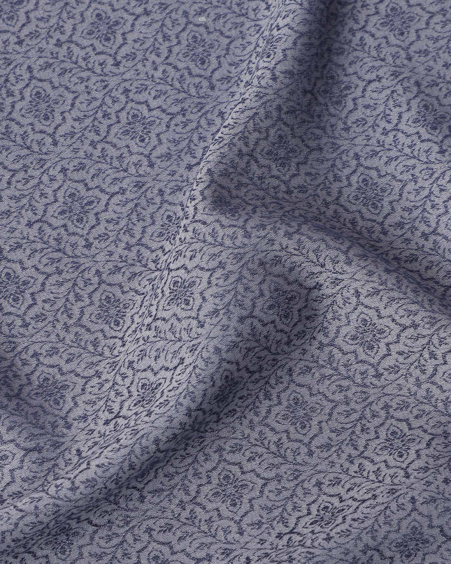 Slate Blue Floral Motif Self Design Synthetic Cotton Fabric, 140 Cms, India-D25377