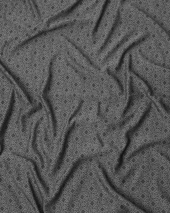 Charcoal Grey Floral Motif Self Design Synthetic Cotton Fabric, 140 Cms, India-D25380