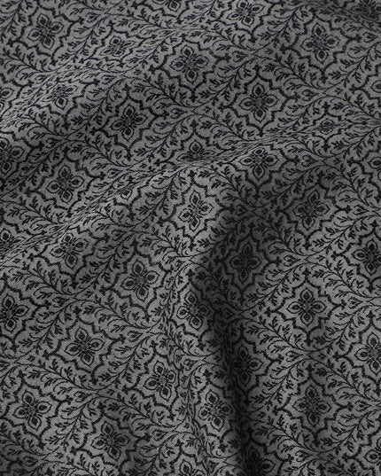 Charcoal Grey Floral Motif Self Design Synthetic Cotton Fabric, 140 Cms, India-D25380