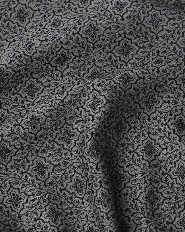 Charcoal Grey Floral Motif Self Design Synthetic Cotton Fabric, 140 Cms, India-D25380