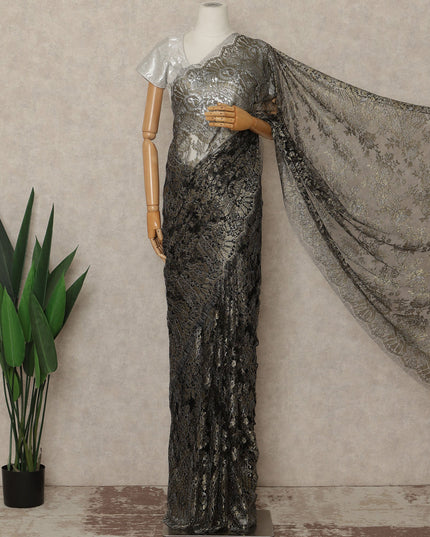 Antique Black Premium French Metallic Chantilly Saree Lace Fabric 110 Cms Width 5.5 Meters Piece Elegant Floral Net Lace From France For Designer Sarees And Couture Draping-D27678