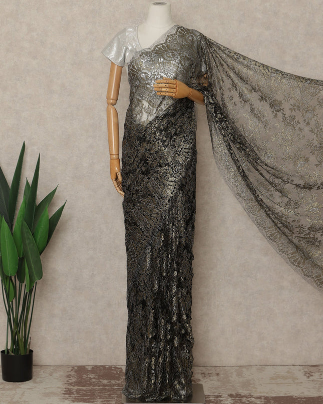 Antique Black Premium French Metallic Chantilly Saree Lace Fabric 110 Cms Width 5.5 Meters Piece Elegant Floral Net Lace From France For Designer Sarees And Couture Draping-D27678