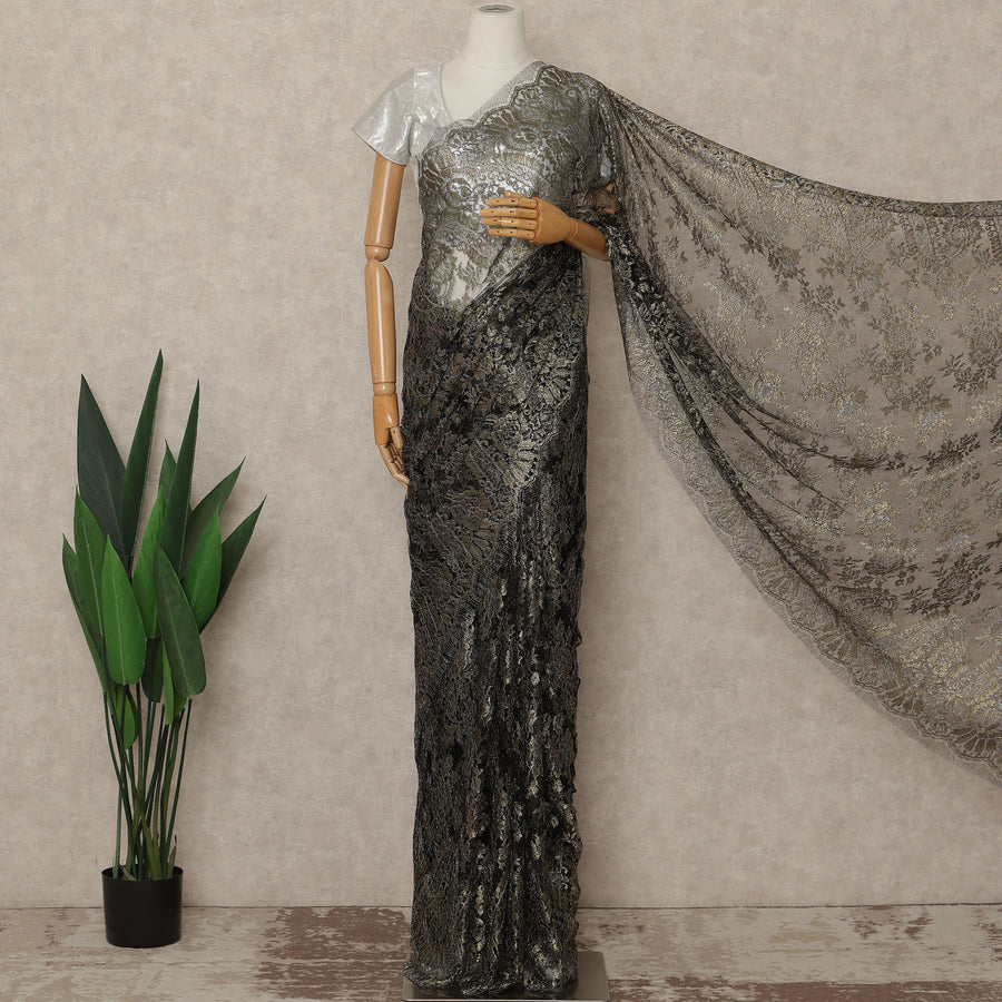 Antique Black Premium French Metallic Chantilly Saree Lace Fabric 110 Cms Width 5.5 Meters Piece Elegant Floral Net Lace From France For Designer Sarees And Couture Draping-D27678