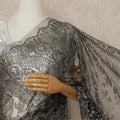 Antique Black Premium French Metallic Chantilly Saree Lace Fabric 110 Cms Width 5.5 Meters Piece Elegant Floral Net Lace From France For Designer Sarees And Couture Draping-D27678