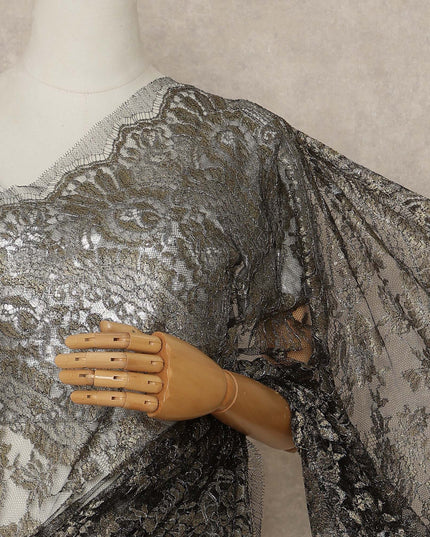 Antique Black Premium French Metallic Chantilly Saree Lace Fabric 110 Cms Width 5.5 Meters Piece Elegant Floral Net Lace From France For Designer Sarees And Couture Draping-D27678