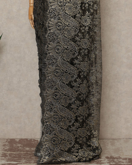 Antique Black Premium French Metallic Chantilly Saree Lace Fabric 110 Cms Width 5.5 Meters Piece Elegant Floral Net Lace From France For Designer Sarees And Couture Draping-D27678