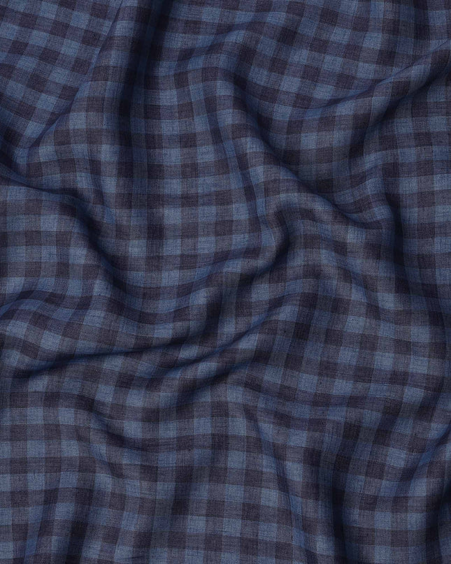 Navy Blue with Check Pattern Premium Italian Pure Linen Fabric, 150 Cms, Italy-D25408