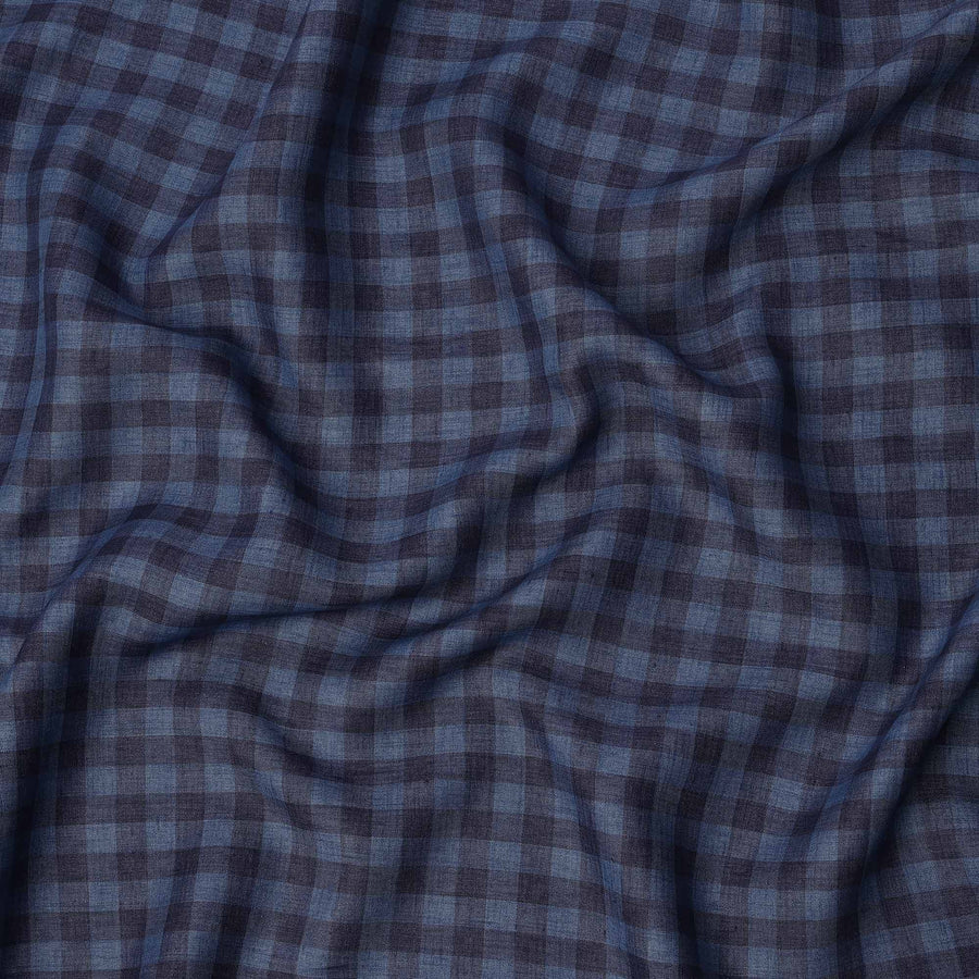 قماش كتان إيطالي فاخر بنقشة مربعات أزرق داكن، 150 سم، إيطاليا - D25408