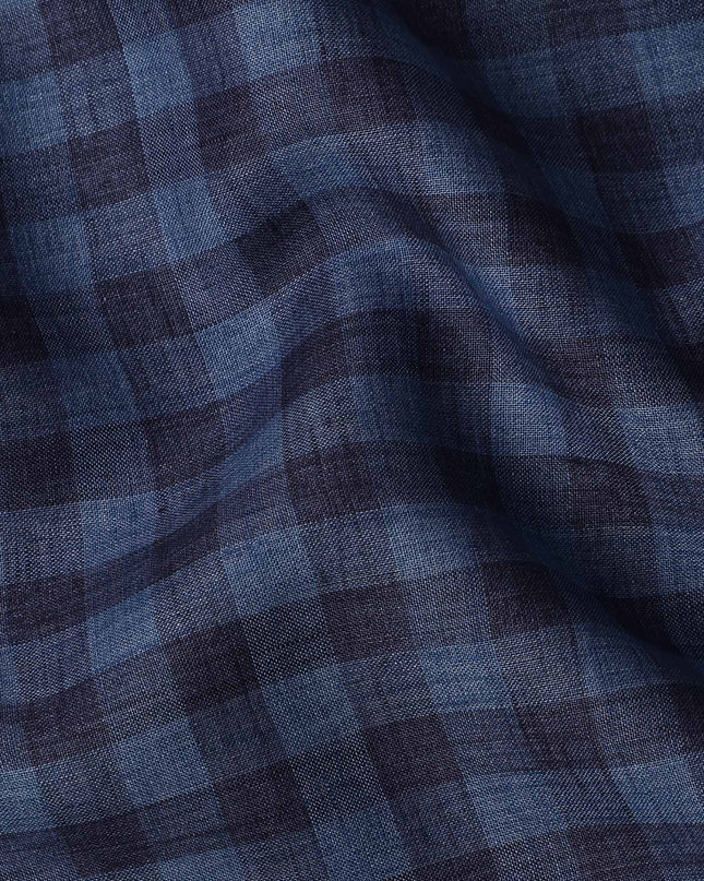 Navy Blue with Check Pattern Premium Italian Pure Linen Fabric, 150 Cms, Italy-D25408
