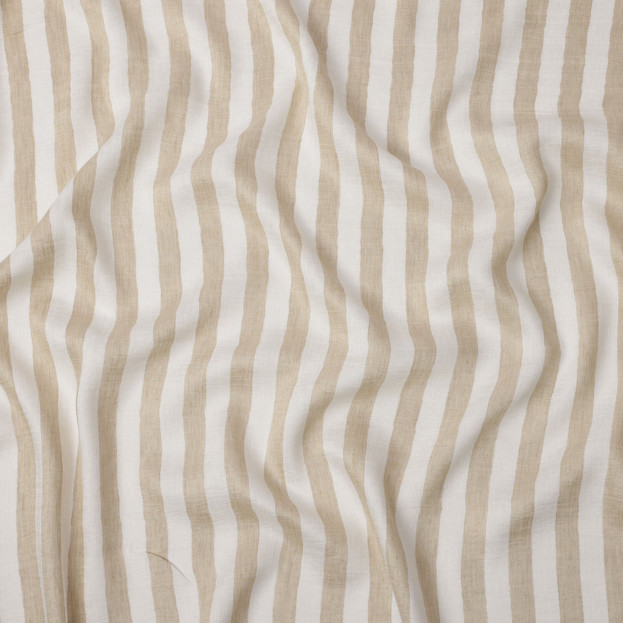 قماش كتان إيطالي فاخر بتصميم مخطط باللون الأبيض والبيج، 150 سم، إيطاليا - D25411