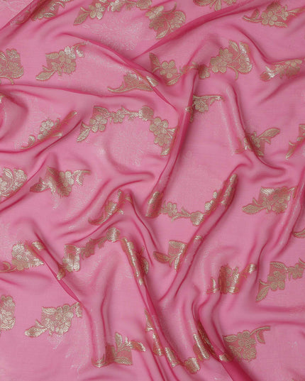 Rose Pink Floral Metallic Lurex Design Premium French Silk Chiffon Fabric, 110 Cms Width, Made in France-D25732