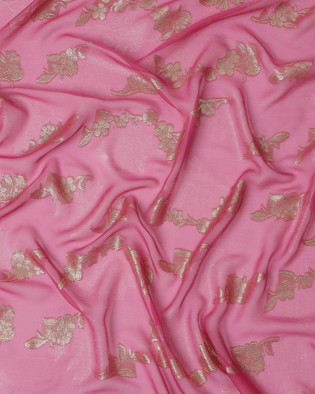 Rose Pink Floral Metallic Lurex Design Premium French Silk Chiffon Fabric, 110 Cms Width, Made in France-D25732