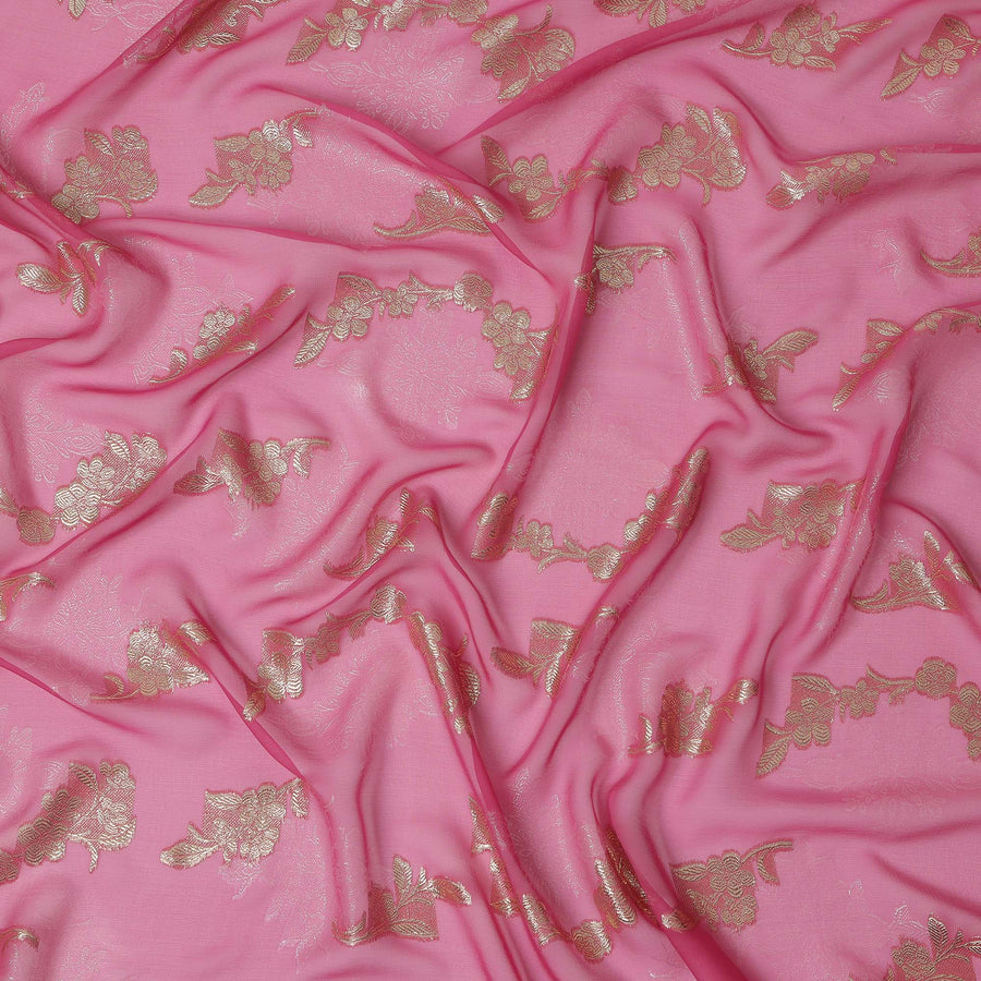 Rose Pink Floral Metallic Lurex Design Premium French Silk Chiffon Fabric, 110 Cms Width, Made in France-D25732