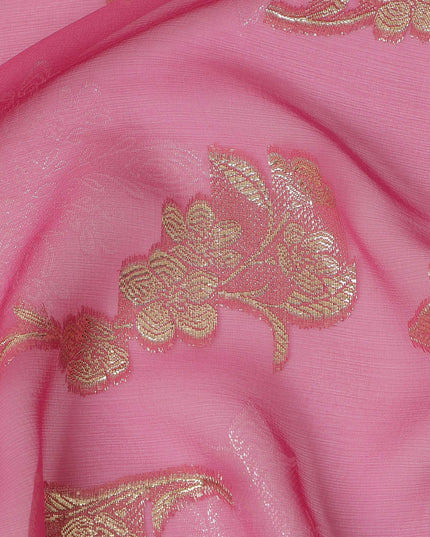 Rose Pink Floral Metallic Lurex Design Premium French Silk Chiffon Fabric, 110 Cms Width, Made in France-D25732
