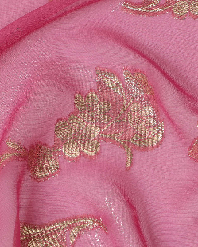 Rose Pink Floral Metallic Lurex Design Premium French Silk Chiffon Fabric, 110 Cms Width, Made in France-D25732