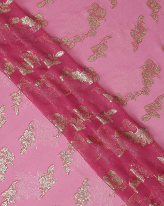 Rose Pink Floral Metallic Lurex Design Premium French Silk Chiffon Fabric, 110 Cms Width, Made in France-D25732