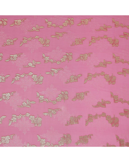 Rose Pink Floral Metallic Lurex Design Premium French Silk Chiffon Fabric, 110 Cms Width, Made in France-D25732