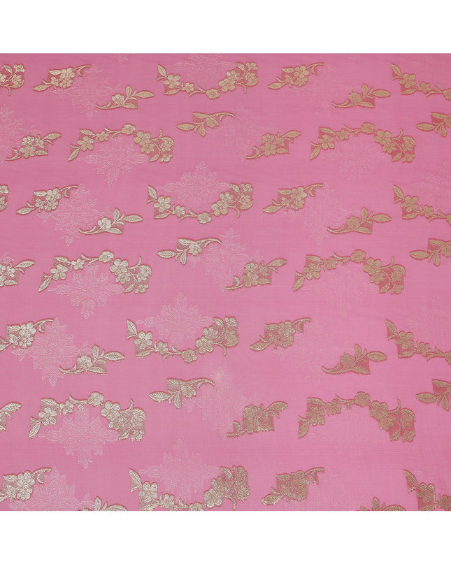 Rose Pink Floral Metallic Lurex Design Premium French Silk Chiffon Fabric, 110 Cms Width, Made in France-D25732