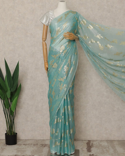 Mint Blue Premium French Silk Chiffon Saree With Gold Woven Floral Motifs 5.5 Mtrs Length 110 Cms Width, Made in France and  Blouse Not Included-D27231