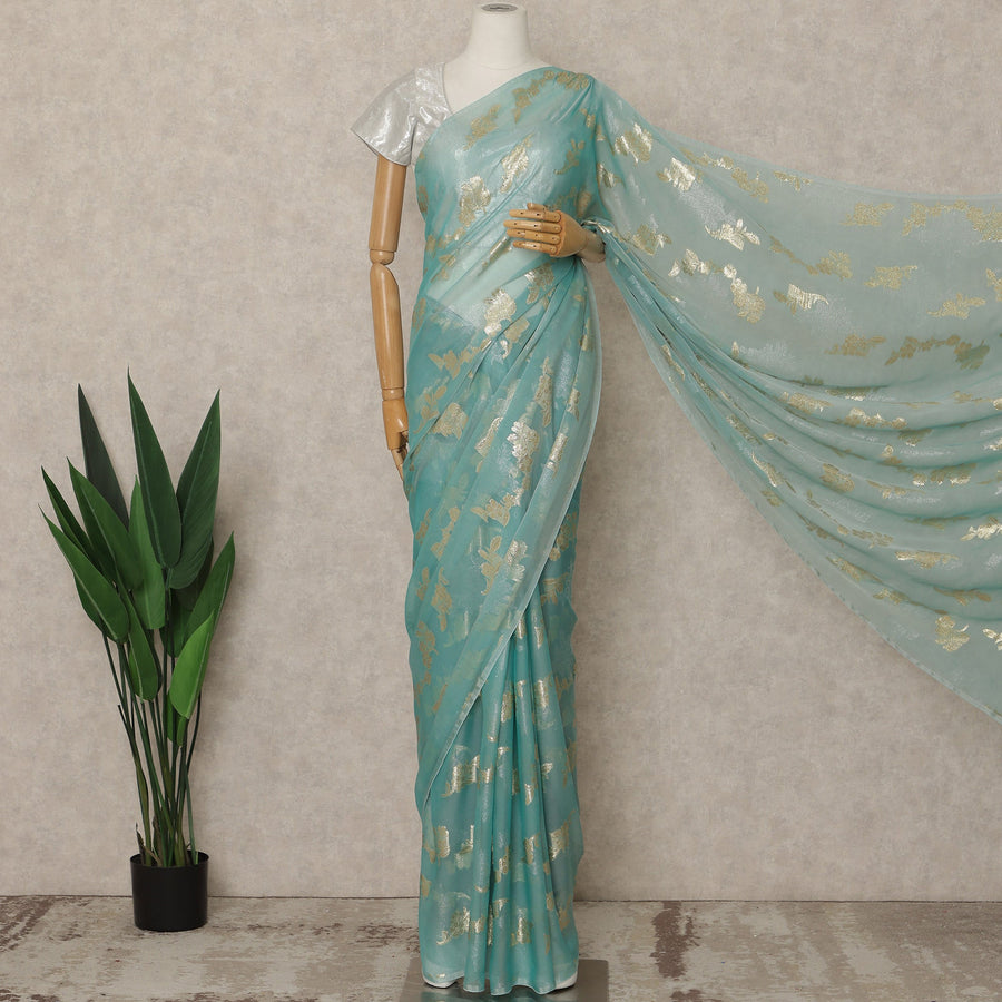 Mint Blue Premium French Silk Chiffon Saree With Gold Woven Floral Motifs 5.5 Mtrs Length 110 Cms Width, Made in France and  Blouse Not Included-D27231