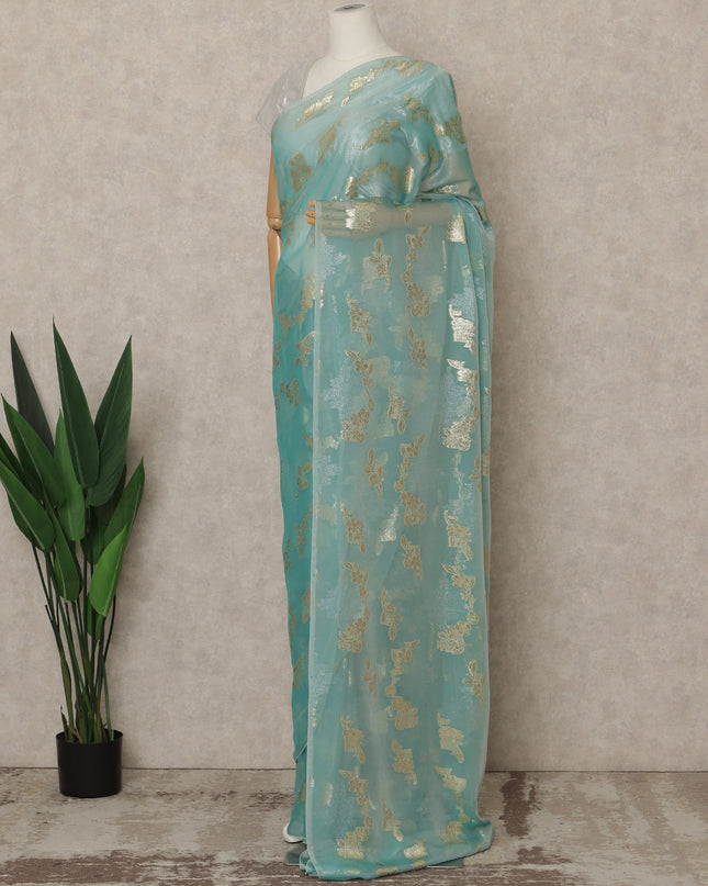 Mint Blue Premium French Silk Chiffon Saree With Gold Woven Floral Motifs 5.5 Mtrs Length 110 Cms Width, Made in France and  Blouse Not Included-D27231