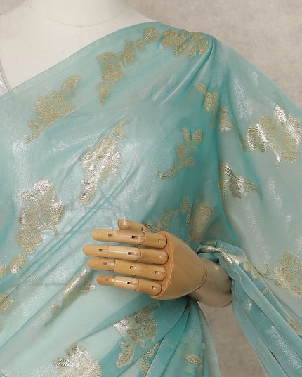 Mint Blue Premium French Silk Chiffon Saree With Gold Woven Floral Motifs 5.5 Mtrs Length 110 Cms Width, Made in France and  Blouse Not Included-D27231