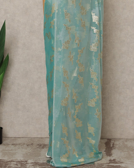 Mint Blue Premium French Silk Chiffon Saree With Gold Woven Floral Motifs 5.5 Mtrs Length 110 Cms Width, Made in France and  Blouse Not Included-D27231