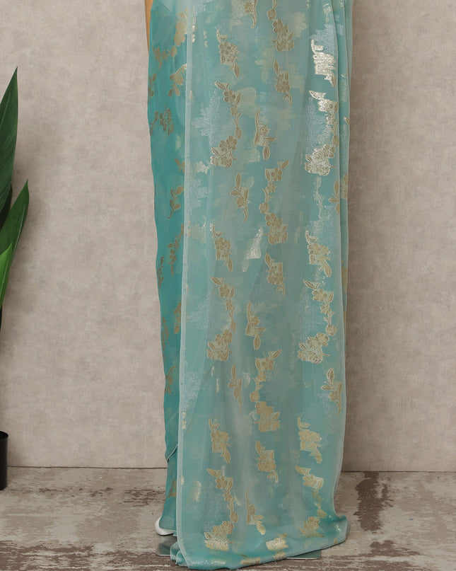 Mint Blue Premium French Silk Chiffon Saree With Gold Woven Floral Motifs 5.5 Mtrs Length 110 Cms Width, Made in France and  Blouse Not Included-D27231