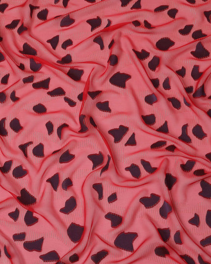 Coral Red Abstract Animal Print Metallic Lurex Design Premium French Silk Chiffon Fabric, 110 Cms Width, Made in France-D25734