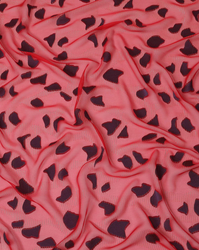 Coral Red Abstract Animal Print Metallic Lurex Design Premium French Silk Chiffon Fabric, 110 Cms Width, Made in France-D25734