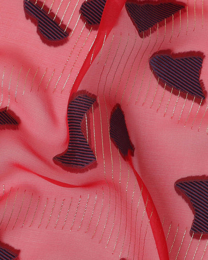 Coral Red Abstract Animal Print Metallic Lurex Design Premium French Silk Chiffon Fabric, 110 Cms Width, Made in France-D25734