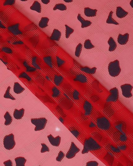 Coral Red Abstract Animal Print Metallic Lurex Design Premium French Silk Chiffon Fabric, 110 Cms Width, Made in France-D25734