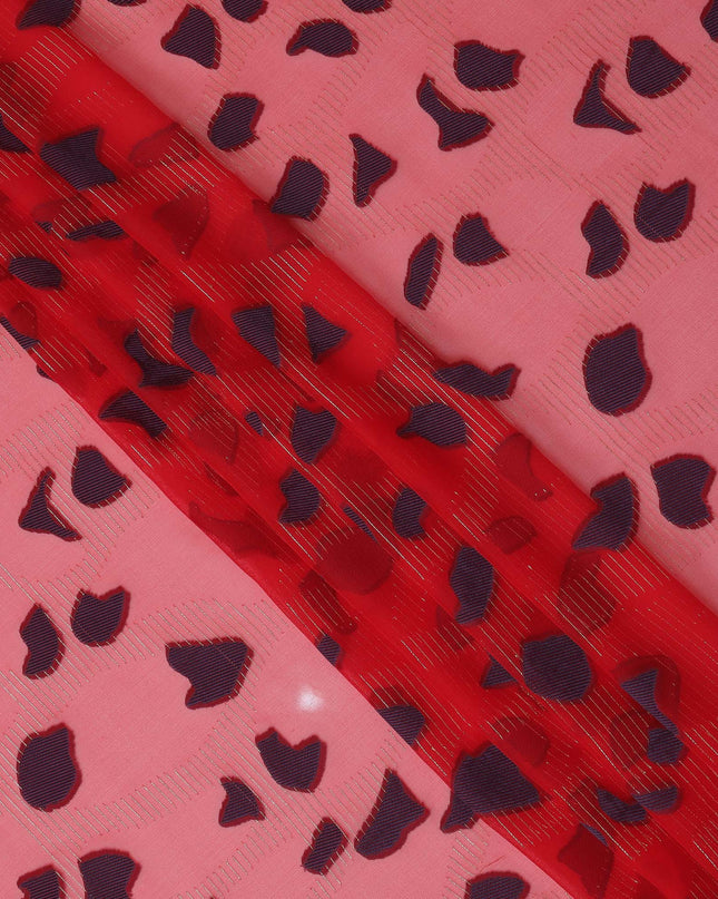 Coral Red Abstract Animal Print Metallic Lurex Design Premium French Silk Chiffon Fabric, 110 Cms Width, Made in France-D25734